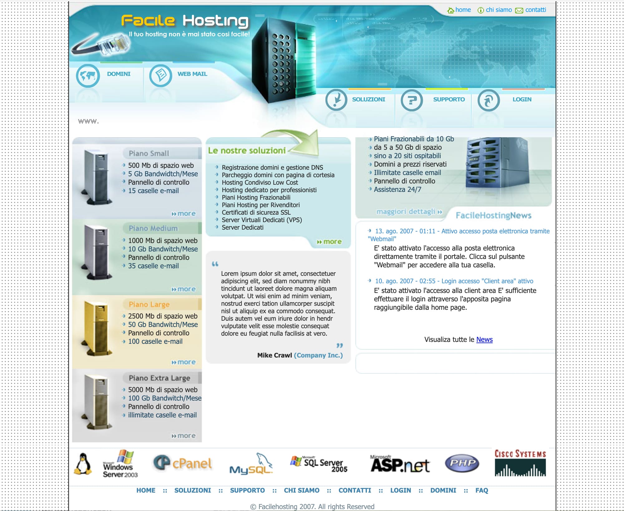 Homepage FacileHosting 2007: piani Small, Medium, Large, Extra Large, novità Webmail e Client Area, stack con Windows Server 2003, cPanel, MySQL, SQL Server, ASP.NET, PHP