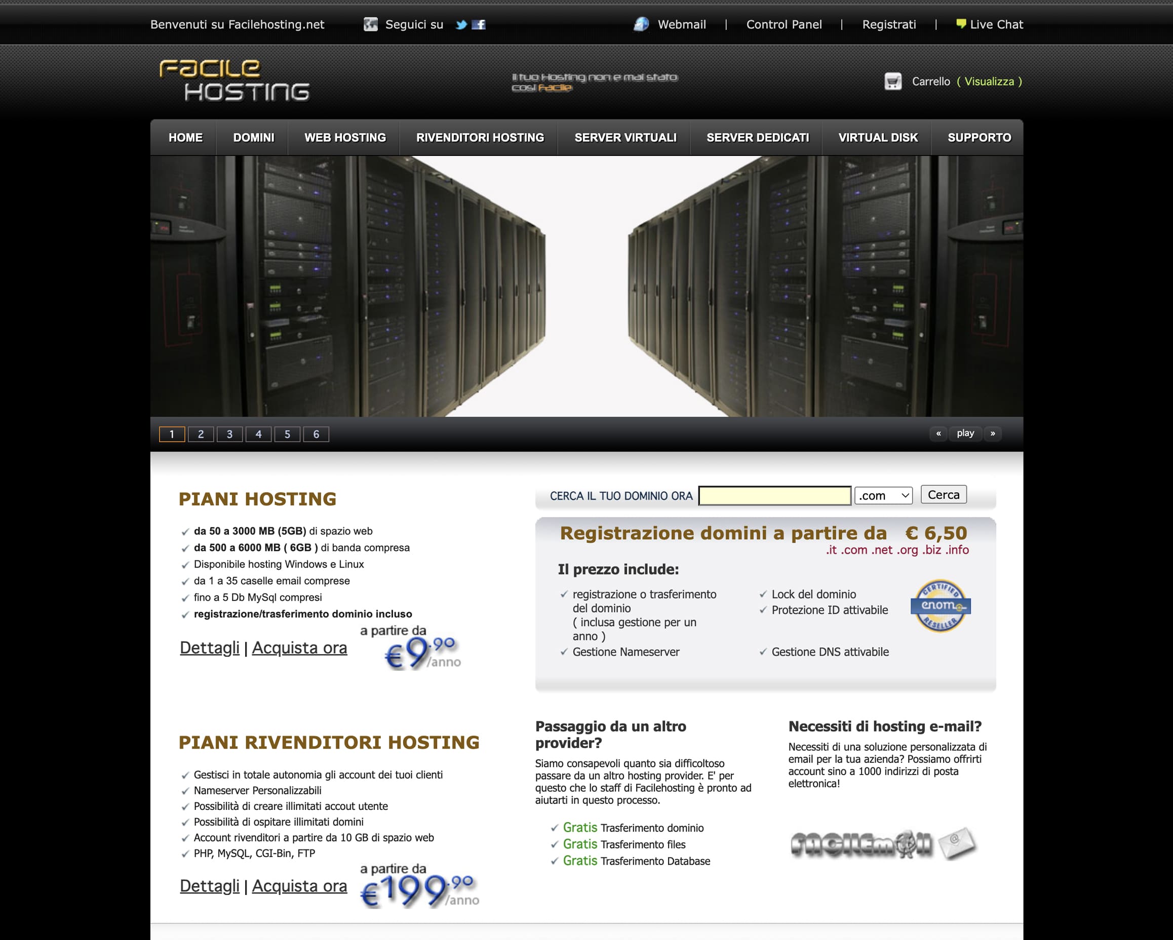 Homepage FacileHosting 2011: layout definitivo con slider, ricerca domini, piani hosting e rivenditori, passaggio gratuito da altri provider, ID Protection, gestione DNS, carrello e live chat